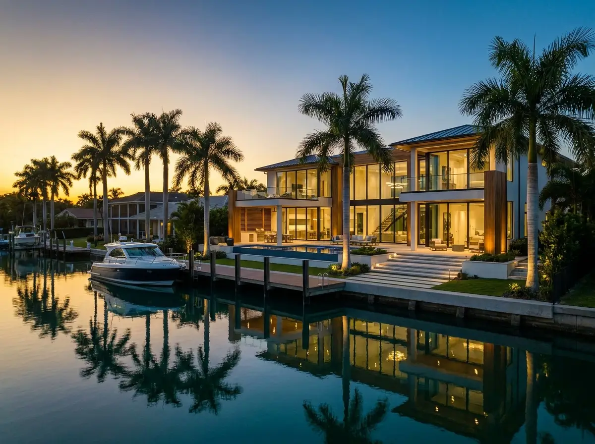 Luxury waterfront home on the Southwest Florida Gulf Coast at golden hour